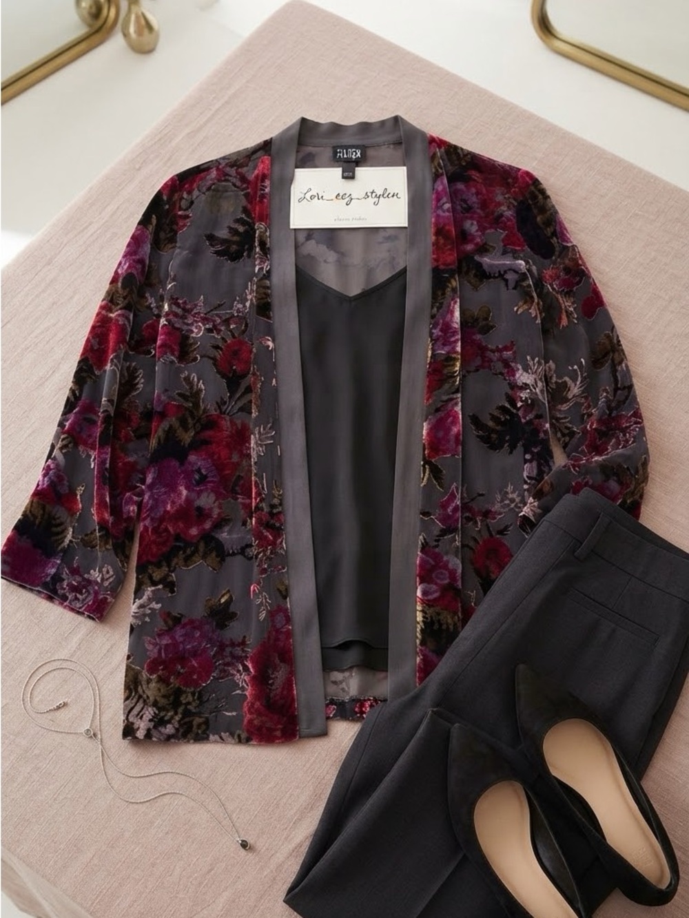 Floral Velvet Open-Front Blazer Jacket - Gray and Burgundy